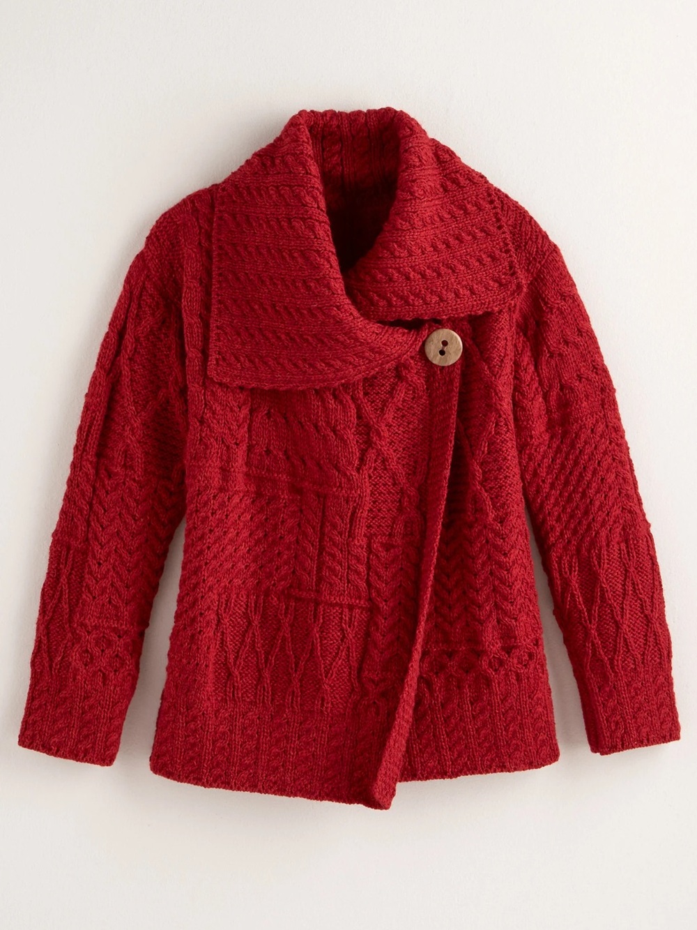Carraig Donn Red Irish Wool Aran Cardigan Sweater